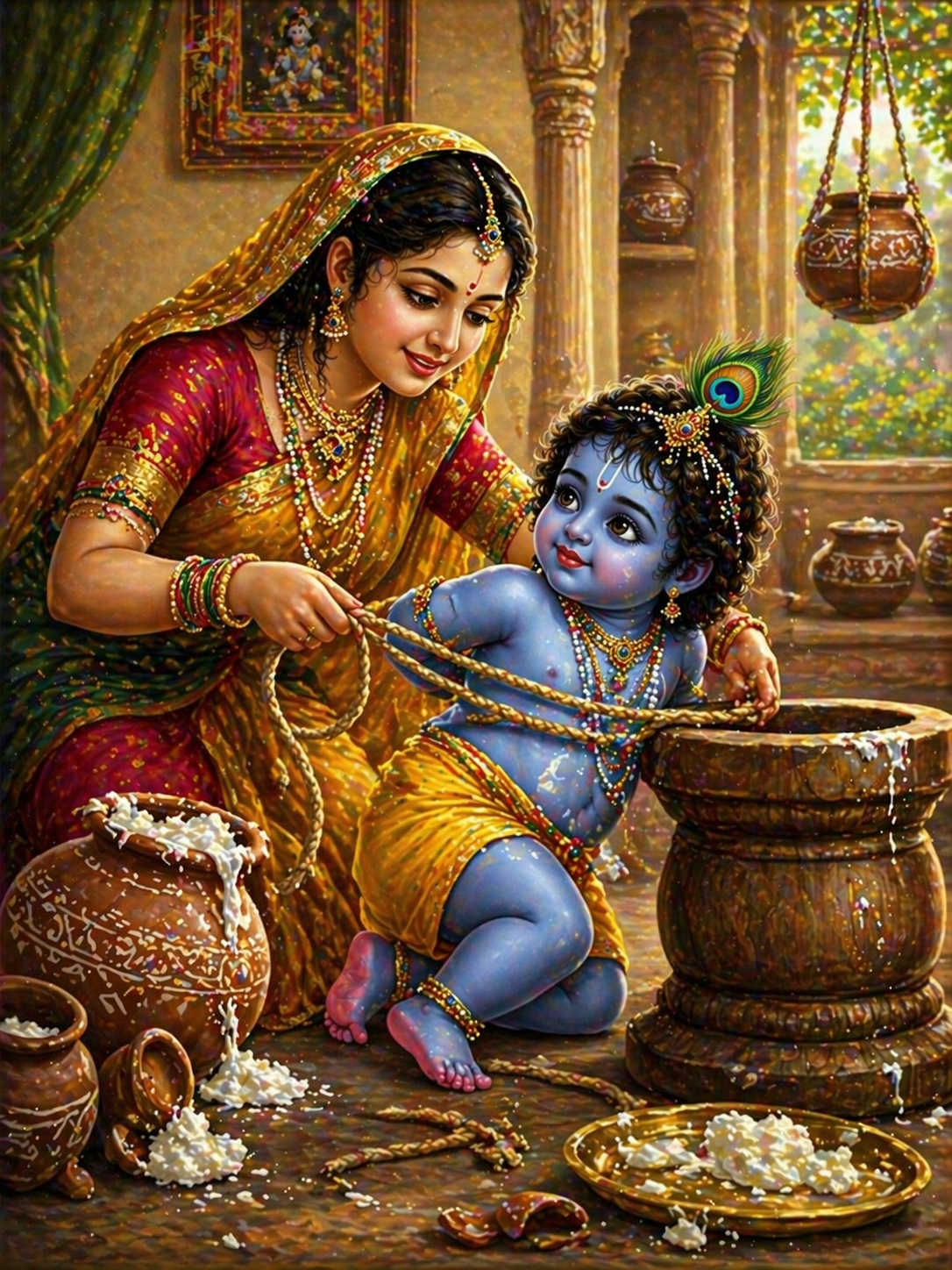 Mother Yashoda trying to tie Baby Krishna to mortar with rope that is always too short Damodar leela